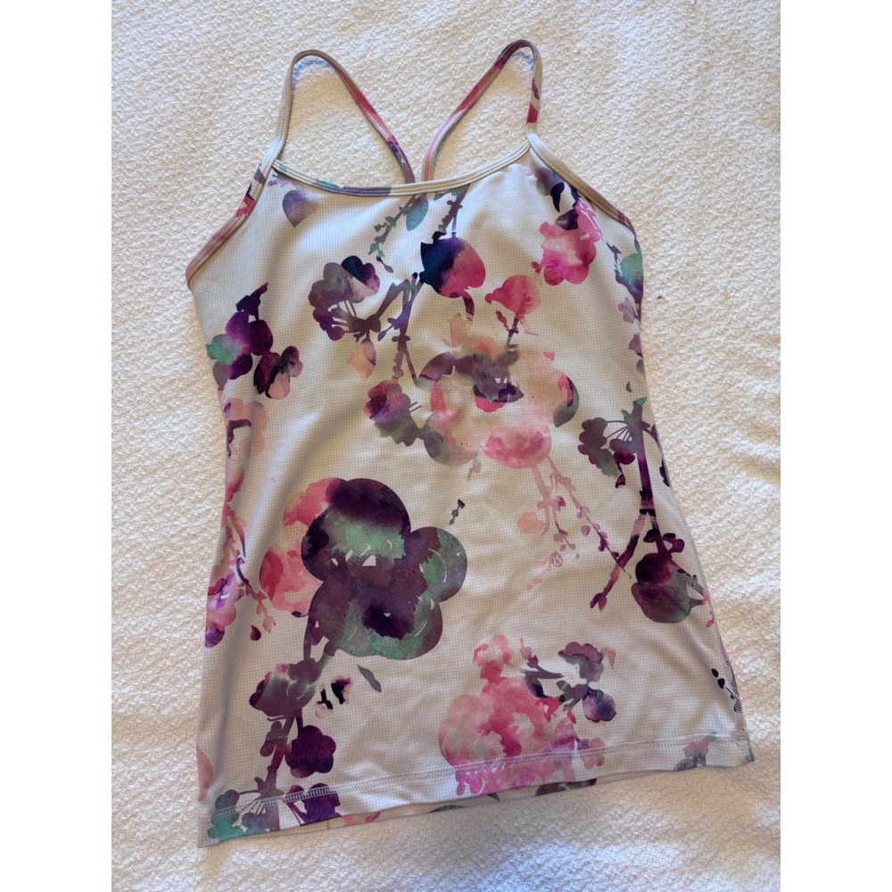 Lululemon Power Y Tank Top Floral Watercolor Pink Purple Built In Bra Yoga Tank
